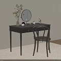 Black Dressing Table with Round Mirror Potted Plant Cosmetics and Accent Chair on Light Rug