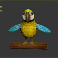 Yellow and Blue Parrot with White Face Standing on Wooden Log in Gray Background