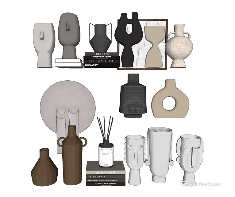 Minimalist Decorative Ornament Set With Various Vases Sculptures And Geometric Shapes 3d model 