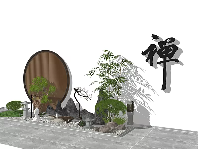 Karesansui Dry Landscape Garden With Round Wooden Screen Bamboo Rock Formations And Zen Character 3d model