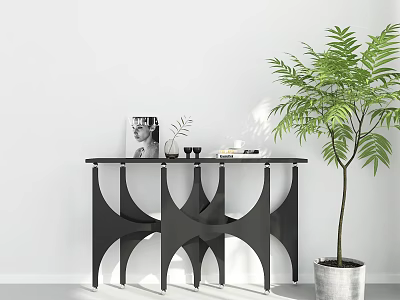 Modern Black Console Table With Geometric Base Decorative Items And Potted Plant 3d model