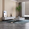 Modern Living Room Coffee Table with Storage Drawers and Area Rug Near Decorative Plant