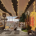 Cozy Bar Interior Design With String Lights Wooden Tables Chairs Umbrella And Green Plants