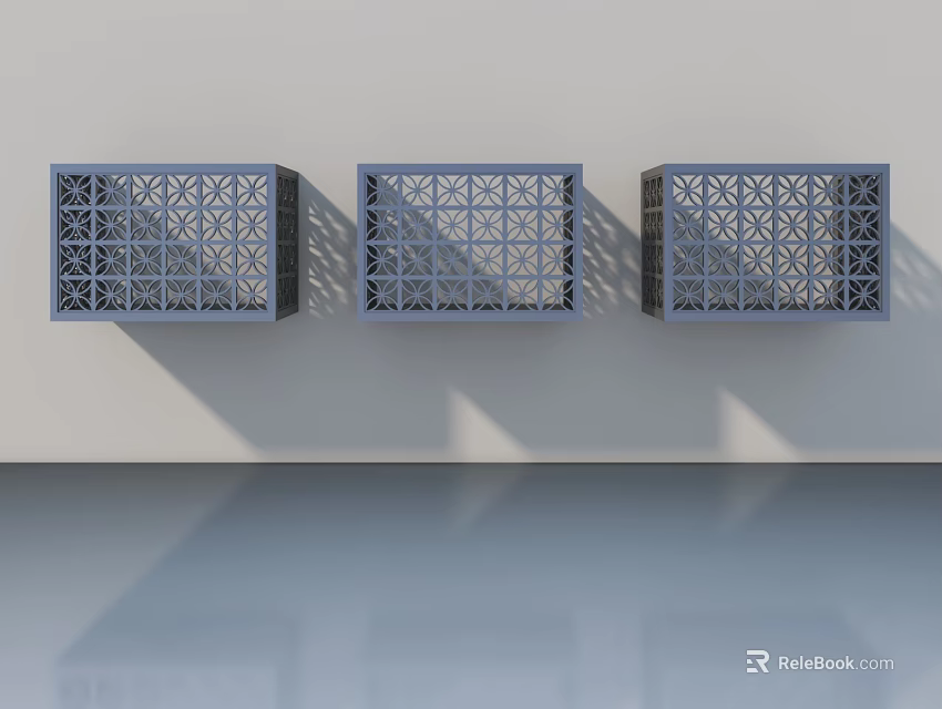 Three Gray Hinged Doors Featuring Lattice Patterns On White Wall With Smooth Gray Floor Reflections 3d model