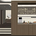 Modern Wooden Sideboard With Glass Door Cabinets And Coffee Machine On Countertop