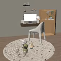Modern Desk Interior With White Chair Monitor Round Rug And Small Toys