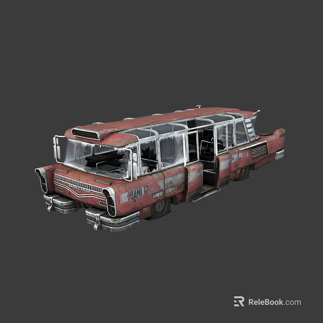 Old Red Abandoned Bus with Transparent Windows Open Doors and Rusty Body 3d model 