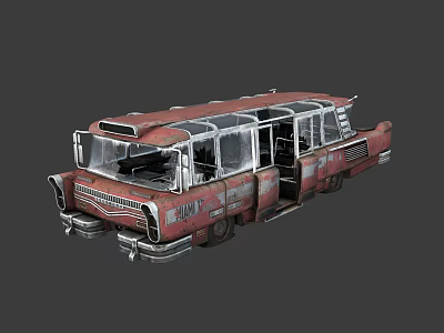 Old Red Abandoned Bus with Transparent Windows Open Doors and Rusty Body 3d model