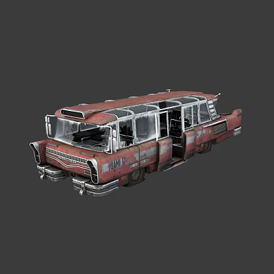 Old Red Abandoned Bus with Transparent Windows Open Doors and Rusty Body 3d model