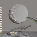 Circular Moon Textured Backlit Mirror with Floor Lamp Open Book and Green Plant