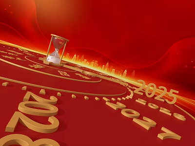 2025 New Year Countdown Clock With Hourglass City Skyline Red Background 3d model