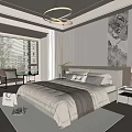 Modern Cozy Bedroom Interior With Beige Bed Pillows Wooden Floor And Wall Art