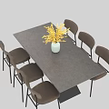 Rectangular Dining Table Set with Gray Top Black Legs Brown Chairs White Vase Yellow Flowers 3d model