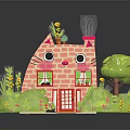 Cartoon Scene Featuring Cat Shaped Pink House With Green Grass Small Trees And Yellow Steps