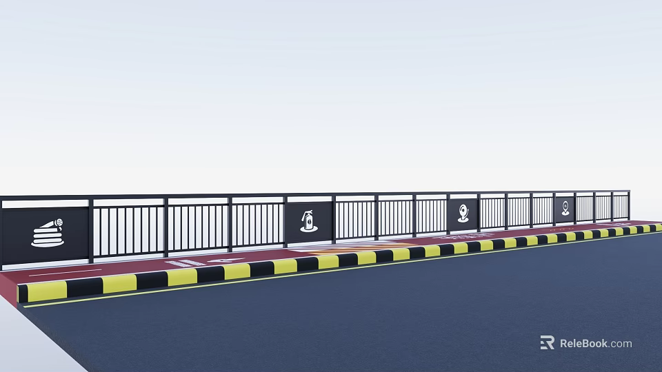 Black Road Guardrails With Warning Signs And Yellow Black Striped Safety Base 3d model 