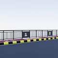 Black Road Guardrails With Warning Signs And Yellow Black Striped Safety Base