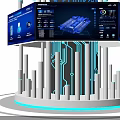 Modern High Tech Exhibition Island With Blue Lighting Digital Displays And Geometric Structure