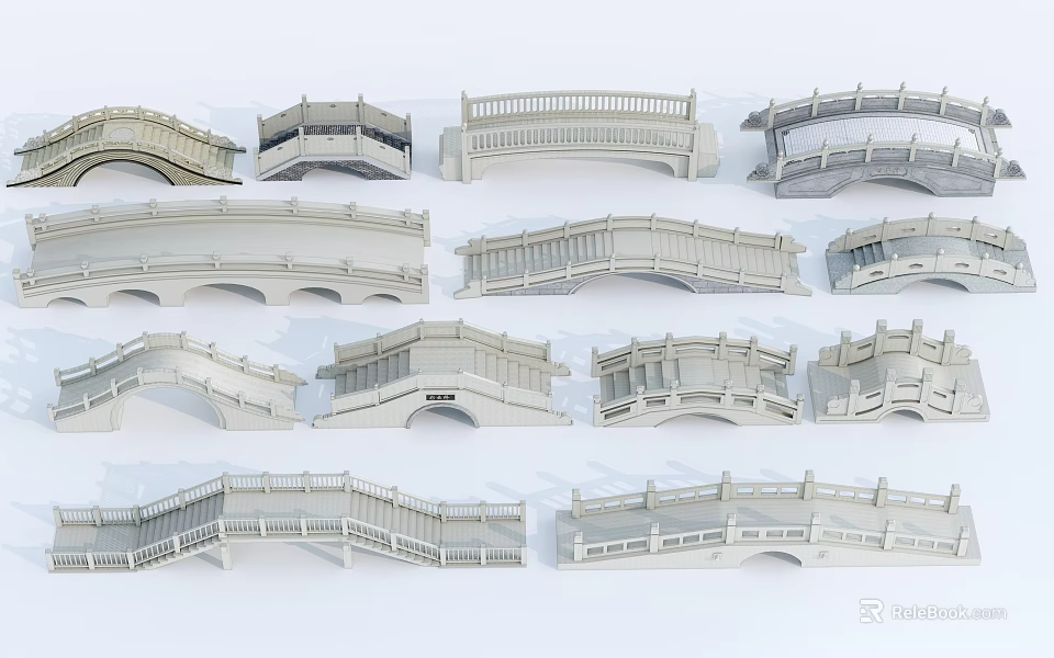 Various Landscape Bridge Models Featuring Different Architectural Styles And Railing Designs 3d model