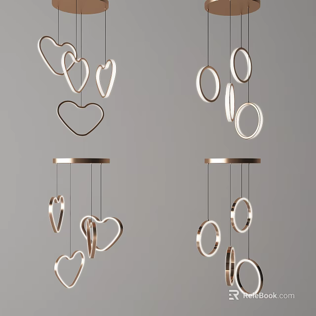 Modern Metallic Chandeliers With Heart Shaped and Circular Hanging Elements on Copper Base 3d model