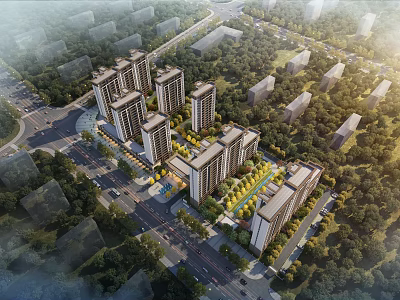 Aerial Planning of Modern Residential Complex With High Rise Buildings and Green Spaces 3d model