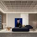 Modern Exhibition Hall Interior With Stone Wall Rainbow Sculpture And Lighting Design