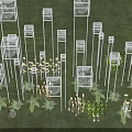 Contemporary Art Installation With Transparent Glass Cubes White Poles And Green Plants