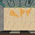 Climbing Wall Sports Equipment with Glass Ceiling Stone Wall Background Wooden Platform and Safety Mats