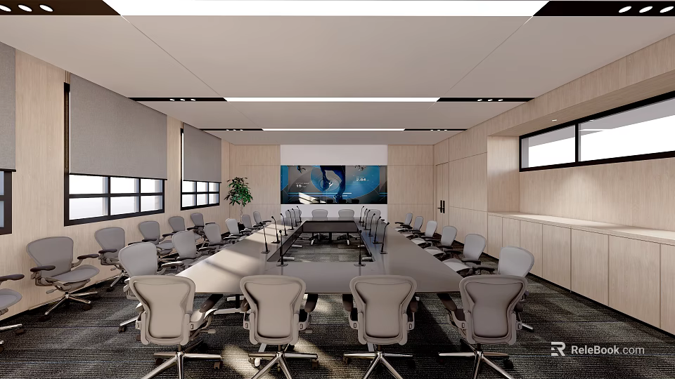Modern Conference Room Interior With Long Table Chairs Projection Screen Windows And Wooden Cabinets 3d model 