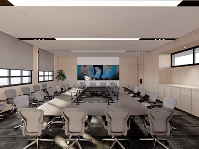 Modern Conference Room Interior With Long Table Chairs Projection Screen Windows And Wooden Cabinets 3d model