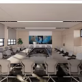 Modern Conference Room Interior With Long Table Chairs Projection Screen Windows And Wooden Cabinets