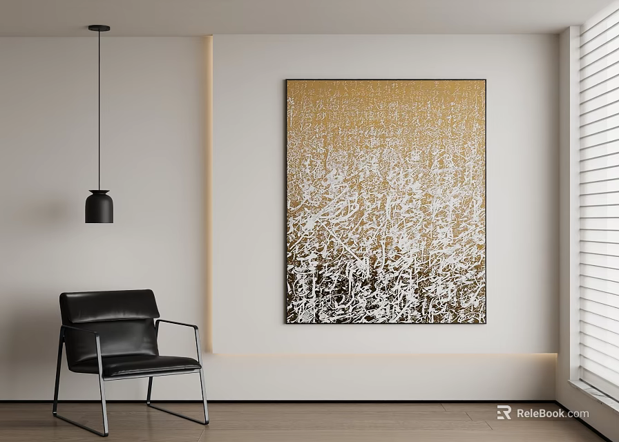 Modern Interior With Gold And White Abstract Painting Black Chair And Pendant Light 3d model 