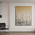 Modern Interior With Gold And White Abstract Painting Black Chair And Pendant Light
