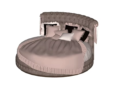 Elegant Round Bed Design With Soft Pink Bedding Gray Headboard And Tassel Trim 3d model