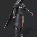 Woman In Black Armor Costume With Long Cloak Metallic Details And Tall Boots