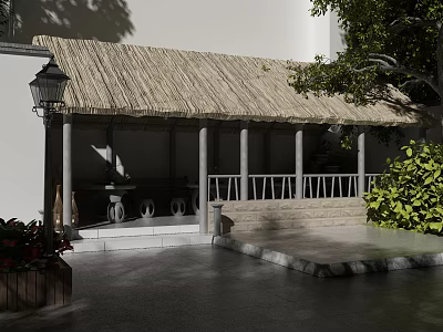 Traditional Garden Landscape With Thatched Roof Pavilion Stone Columns And Green Plants 3d model
