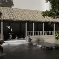 Traditional Garden Landscape With Thatched Roof Pavilion Stone Columns And Green Plants