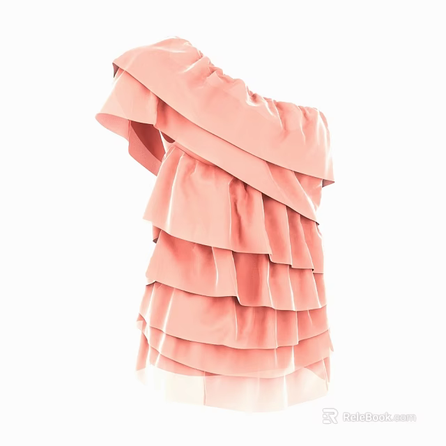 Stylish Pink One Shoulder Ruffled Layered Dress With Elegant Design Details 3d model 