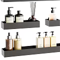 Stylish Bathroom Accessories Organized On Black Shelves With Soap Dispensers Lotion Bottles And Diffusers