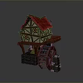 Detailed Traditional Windmill Model With Red Roof Wooden Structure Stone Base And Water Wheel