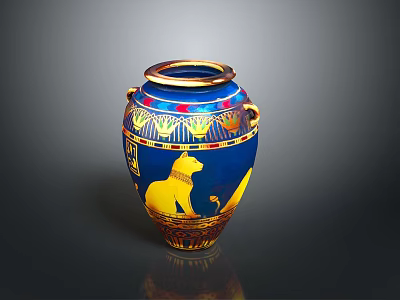 Exquisite Blue Vase Sculpture With Golden Decorations And Egyptian Cat Design 3d model
