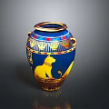 Exquisite Blue Vase Sculpture With Golden Decorations And Egyptian Cat Design