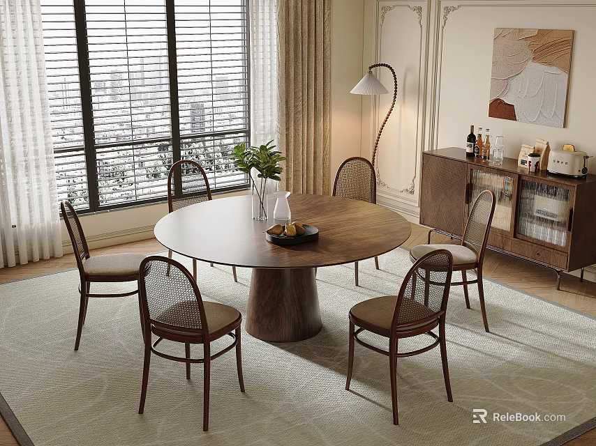 Modern Minimalist Wooden Dining Table Set With Chairs Rug Floor Lamp And Window Blinds 3d model 