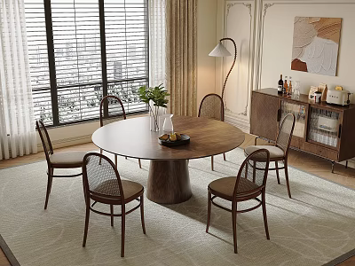 Modern Minimalist Wooden Dining Table Set With Chairs Rug Floor Lamp And Window Blinds 3d model