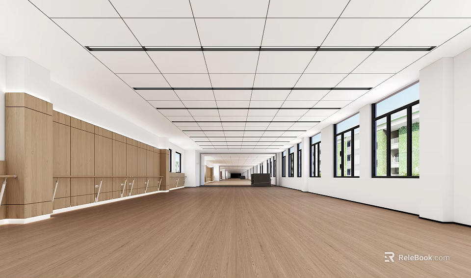 Spacious Modern Fitness Studio With Wooden Flooring White Walls And Large Windows 3d model 