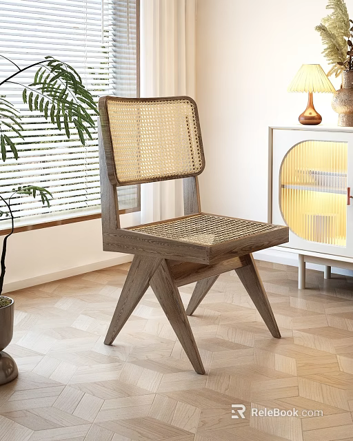 Wooden Dining Chair With Rattan Woven Back And Cross Legs For Modern Living Room 3d model 