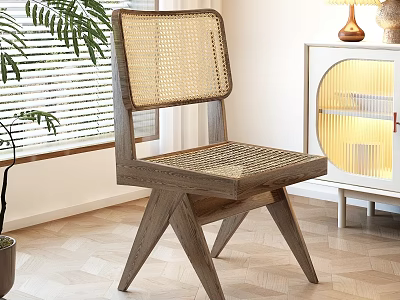 Wooden Dining Chair With Rattan Woven Back And Cross Legs For Modern Living Room 3d model
