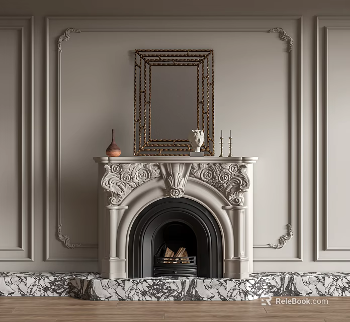 Ornate Fireplace With Paneled Walls Above Framed Mirror Mantel With Vase Figurine And Candlesticks 3d model 
