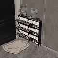 Black Multitier Shoe Rack in Entryway with Door Mat Holding Shoes and Decorative Lamp Frames