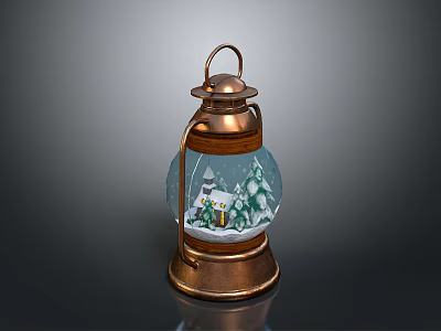 Copper Lantern Shaped Snow Globe With Snow Scene Small House And Trees 3d model