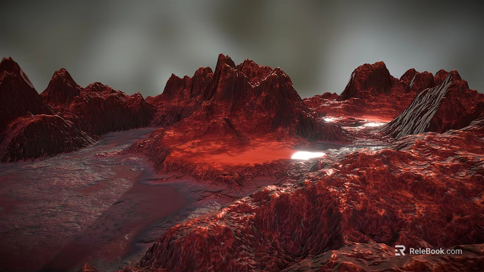Red Rocky Landscape With Rugged Mountains And Glowing Lava Reflective Surfaces 3d model 